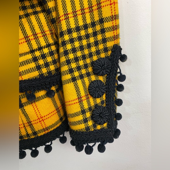 VTG 80s Bill Blass Plaid Wool Blazer Yellow & Black Embroidered Pom Poms Sz 8 - Picture 7 of 11